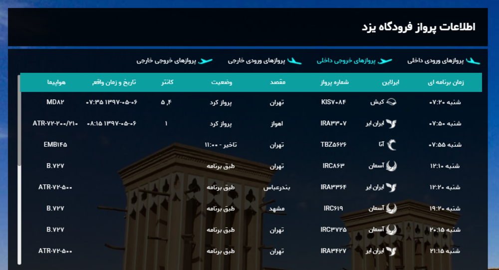 برنامه پرواز‌های امروز فرودگاه شهید صدوقی یزد + لیست