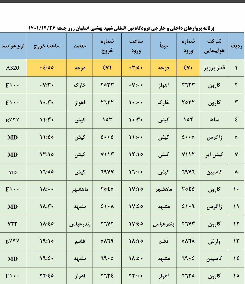 برنامه پرواز‌های روز جمعه ۲۶ اسفند ۱۴۰۱